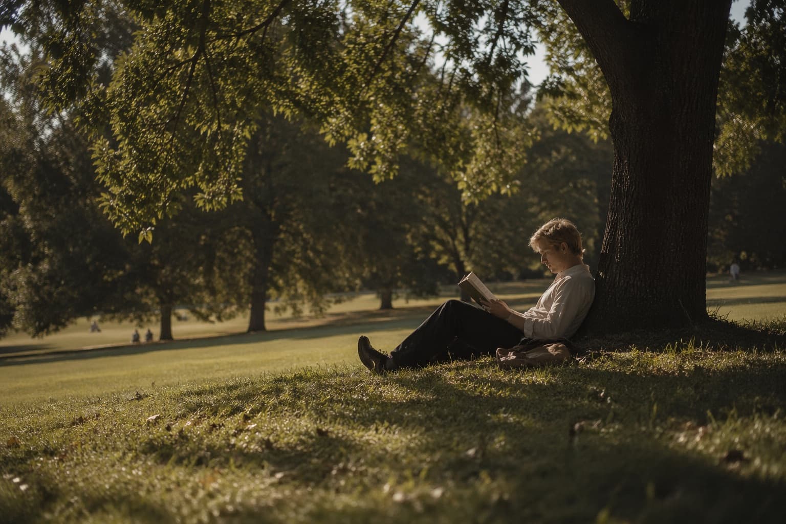A person reading under a tree