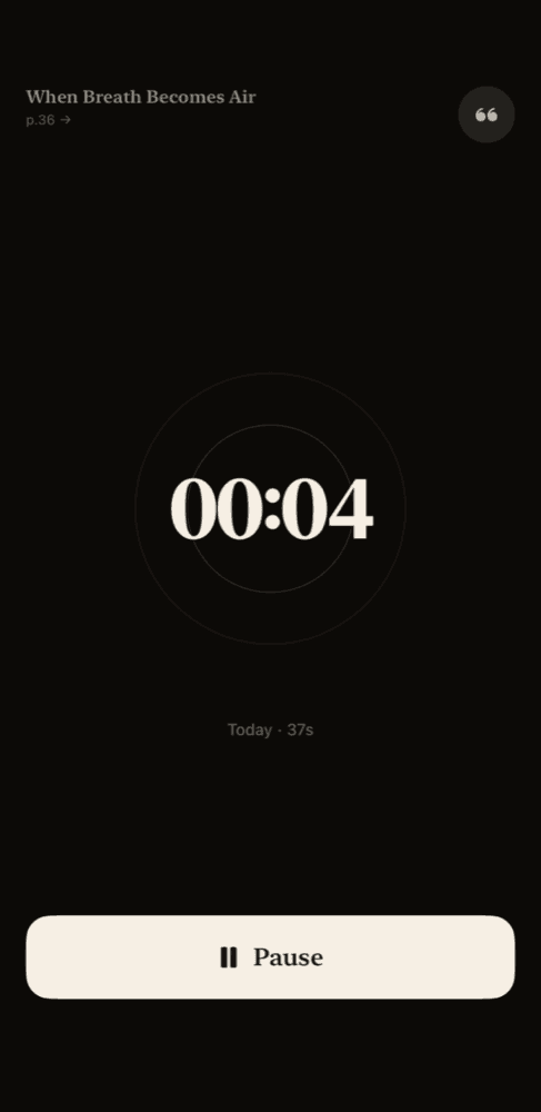 Pagerun reading timer screen — the actual app showing a book title and running timer